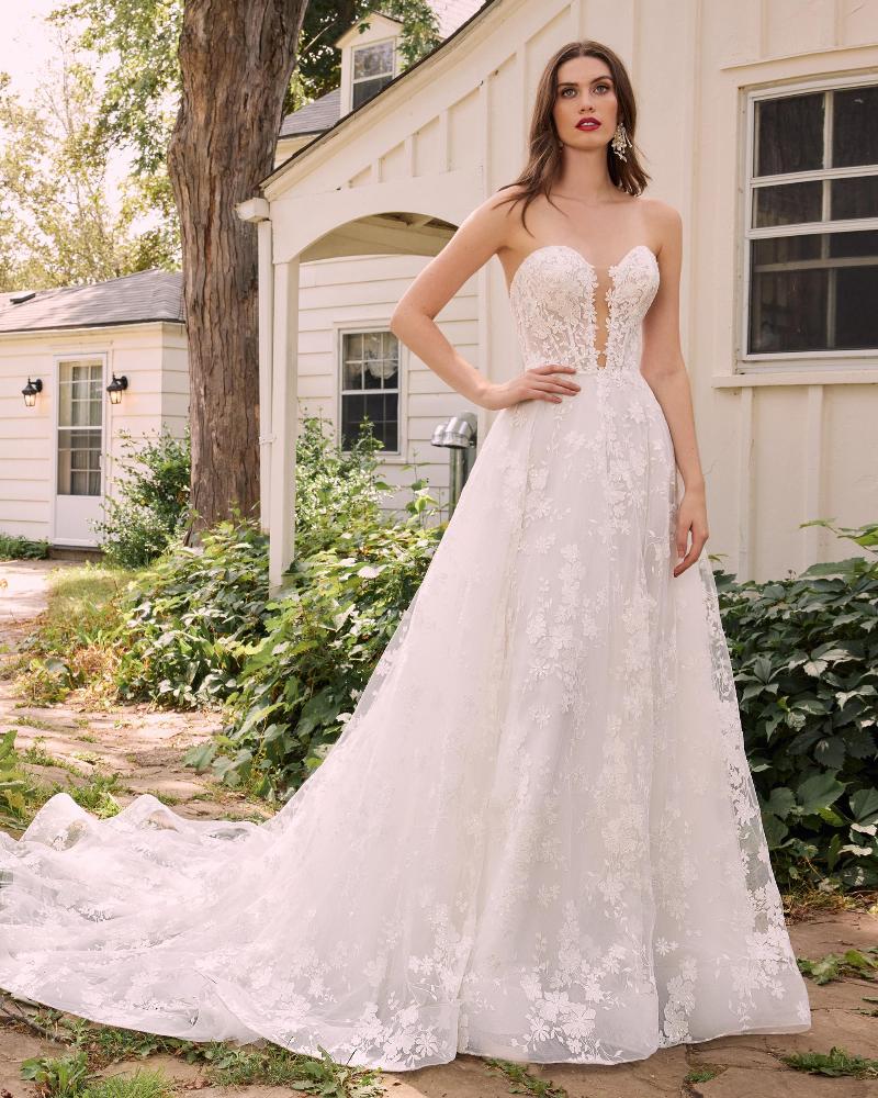 La22108 simple strapless wedding dress with lace and plunging neckline1